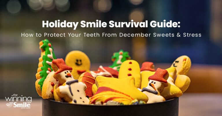 Holiday Smile Survival Guide graphic featuring festive Christmas cookies and treats, promoting tips from The Winning Smile Dental Group on protecting teeth from holiday sweets, stress, and seasonal dental problems.