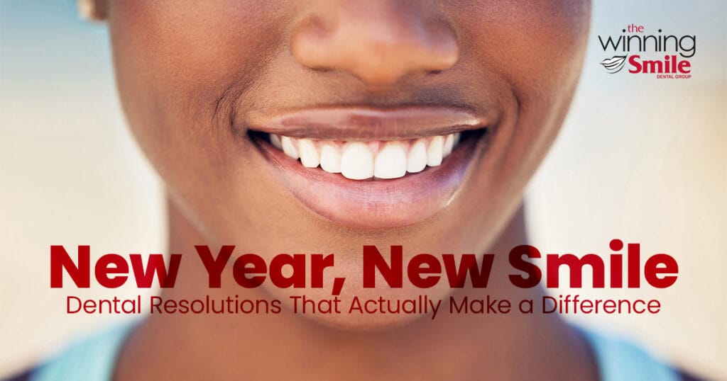 Smiling patient with bright, healthy teeth representing New Year dental resolutions and cosmetic dentistry at The Winning Smile Dental Group in Mississippi.