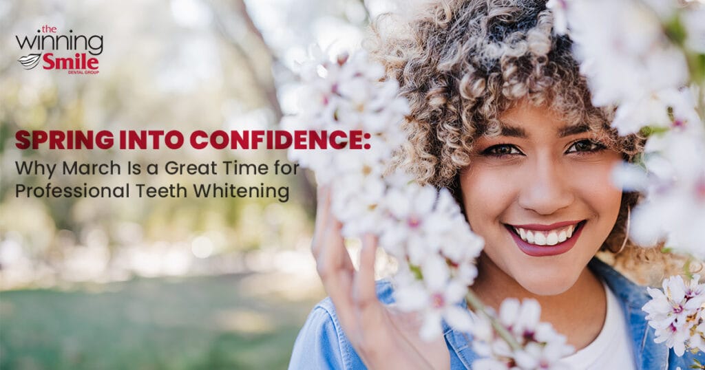 Smiling woman among spring flowers promoting professional teeth whitening for a brighter, more confident smile