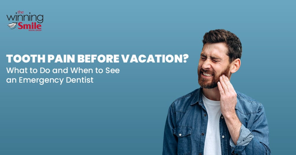 Man holding his jaw from severe tooth pain before vacation while seeking emergency dental care